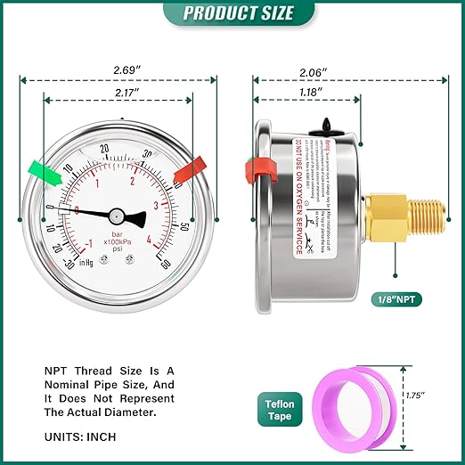 -30inHG-60PSI Stainless Steel Liquid Filled Pressure Gauge, 2.5" Dial Size, 1/8" NPT Back Mount, for Tube, Water Pump, Gas, Liquid, Pressure Test (with Range Mark Pointer)