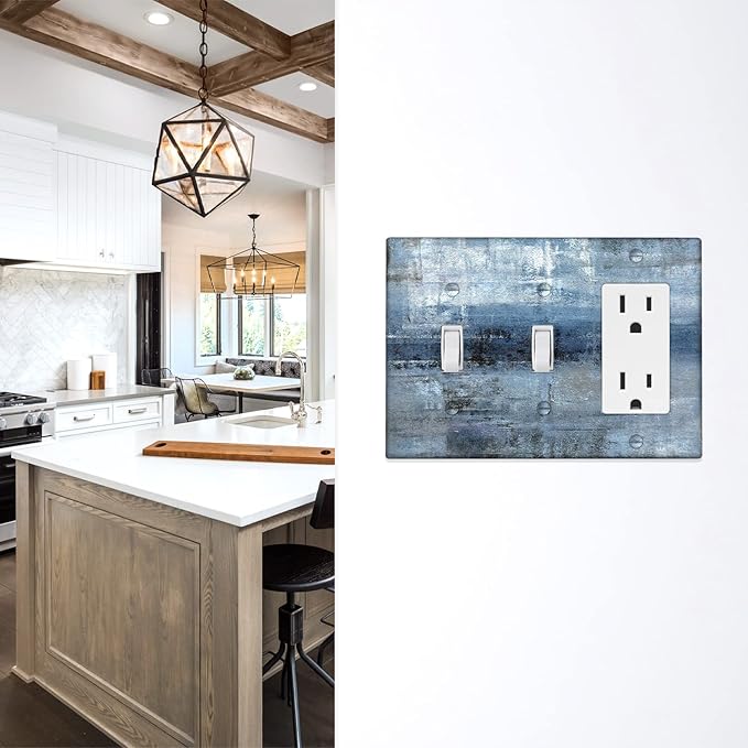 Blue Grey Light Switch Cover 3 Gang Decora/Toggle Decorative Wall Switch Plates Abstract Art Wallplates Outlets Cover for Kitchen Bedroom Decor