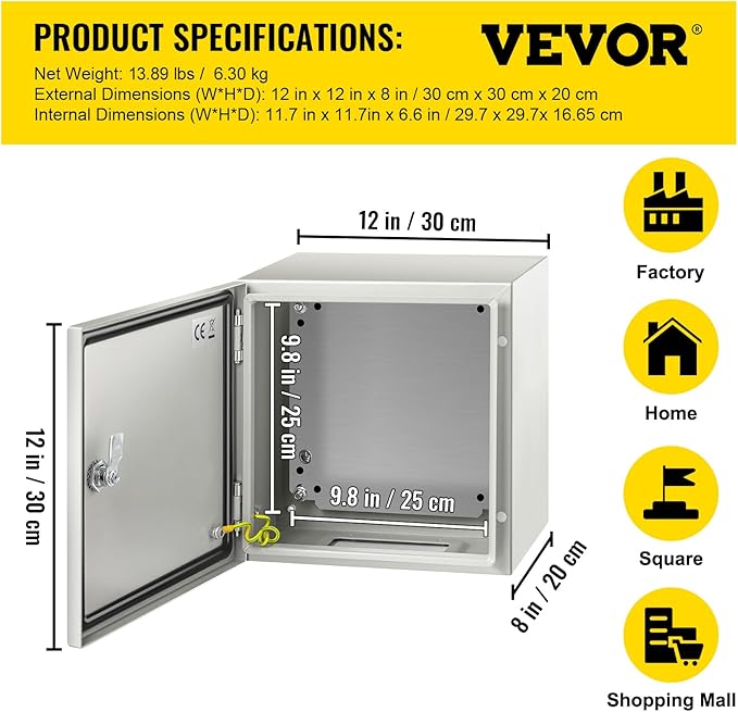 VEVOR NEMA Steel Enclosure 12×12×8,NEMA 4X Steel Electrical Box,IP66 Waterproof & Dustproof,Outdoor/Indoor Electrical Junction Box,with Mounting Plate