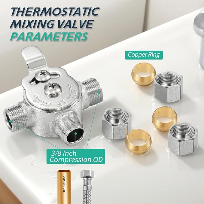 1 PCS Below Deck Mixing Valve,3/8" Compression LF Brass Body,Thermostatic mixing valve for hot and cold water,Compression Sleeve and Nuts Included.