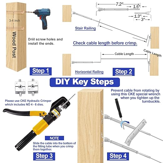 CKE 50 Pairs Cable Railing Kit 1/8" Swage Toggle Turnbuckle Hardware T316 Stainless Steel Cable Railing Hardware for Wood Post, Angle 180° Adjustable Stairs Deck Cable Railing Kit 20 Cable Lines, CR25