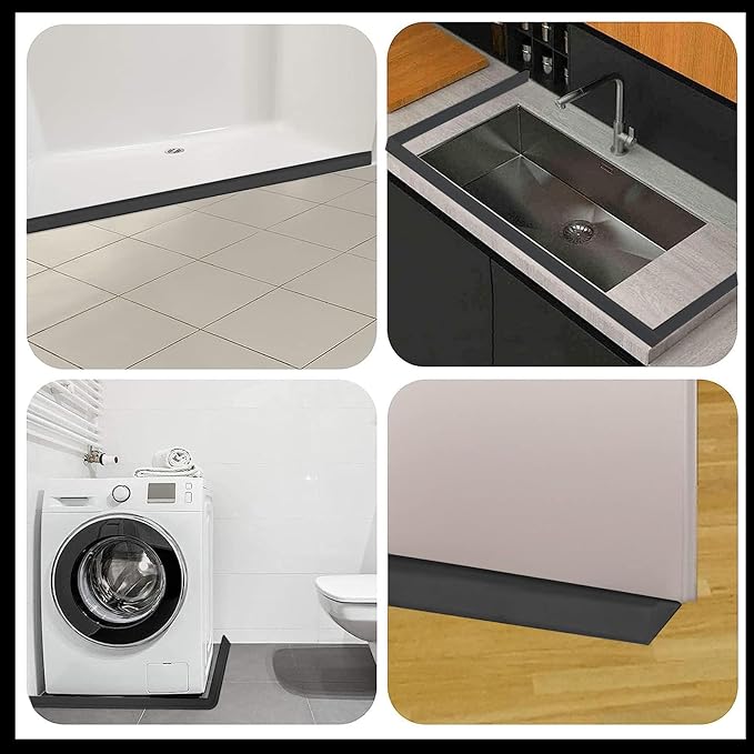 Raycity Shower Threshold Water Dam Barrier,Shower Door and Kitchen Water Strip Dam Shower Guard for Dry And Wet Separation Caulk Seal Strip Edge Trim(98 Inches/Black)