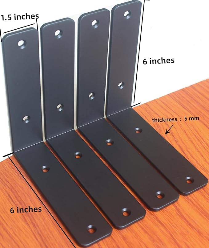 2 Pack - L 6" x H 6" x W1.5, 5mm Thick Black L Shelf Bracket, Iron Shelf Brackets, Metal Shelf Brackets, Floating Shelf, Shelf Supports with Screws