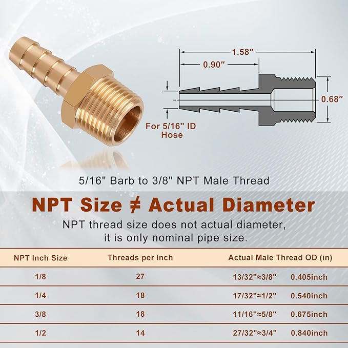 5pcs Brass Hose Barb Fittings 5/16 Inch Barb to 3/8 Inch NPT Male Thread Air Hose Fittings Adapter Connector Water Fuel Air Line Fittings 5/16” × 3/8” NPT Brass Fittings