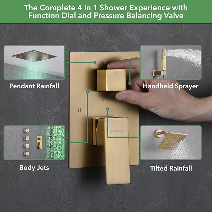VANFOXLE Shower Faucet Set Brushed Gold Shower System,Shower Faucet with 2 in 1 Handheld,Ceiling Mount 16 Inch LED Shower Head+6 Inch Shower Head(Rough-in Valve Body and Trim)