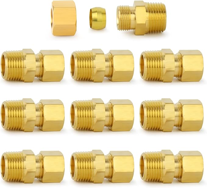 ChillWaves Brass Compression Tube Fitting, 5/16" OD x 3/8" NPT Male Compression Union Connector(10-PACK)