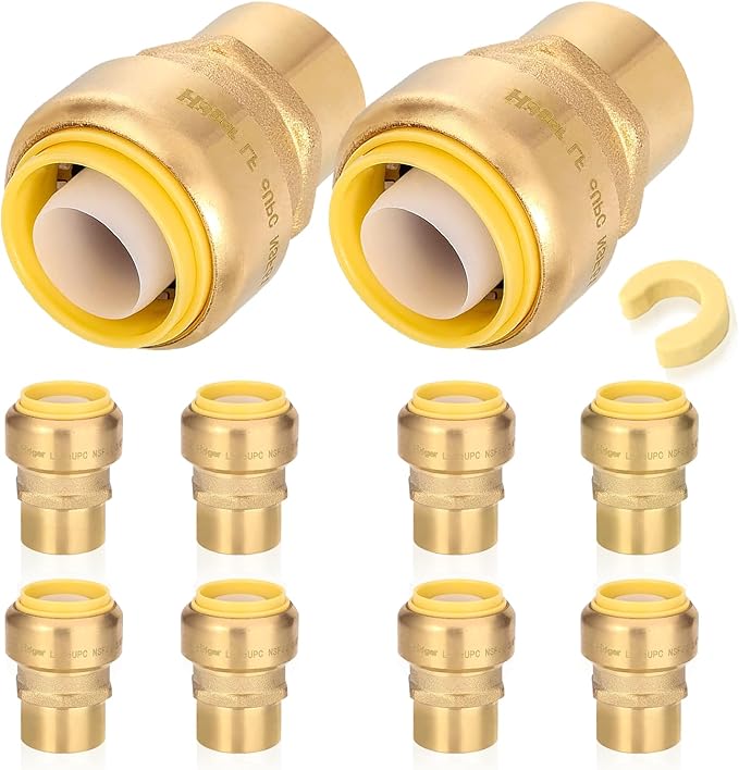 10-Pack HeSun Pushfit Female Adapter, 1/2" FNPT x 3/4" Push to Connect Plumbing Fittings with Disconnect Clip, Brass Push-fit Fittings for PEX, Copper, CPVC, PE-RT Pipes(PF133-10)