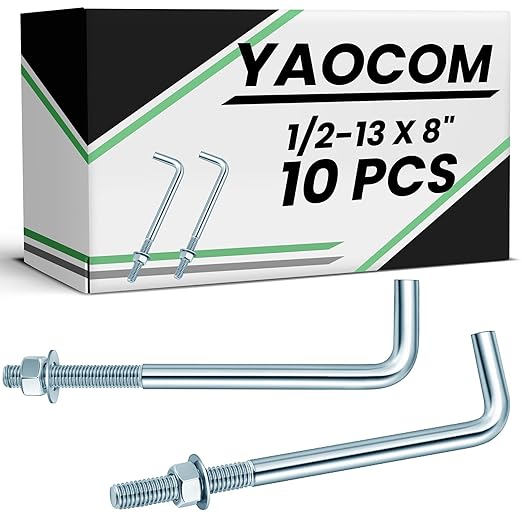 10 Pcs J Bolt Galvanized Anchor Bolts Galvanized Concrete Fastener Concrete Cement Post Anchor with Nuts and Washers for Foundation Wall Hardware Brick Projects, Gray(1/2-13 x 8)