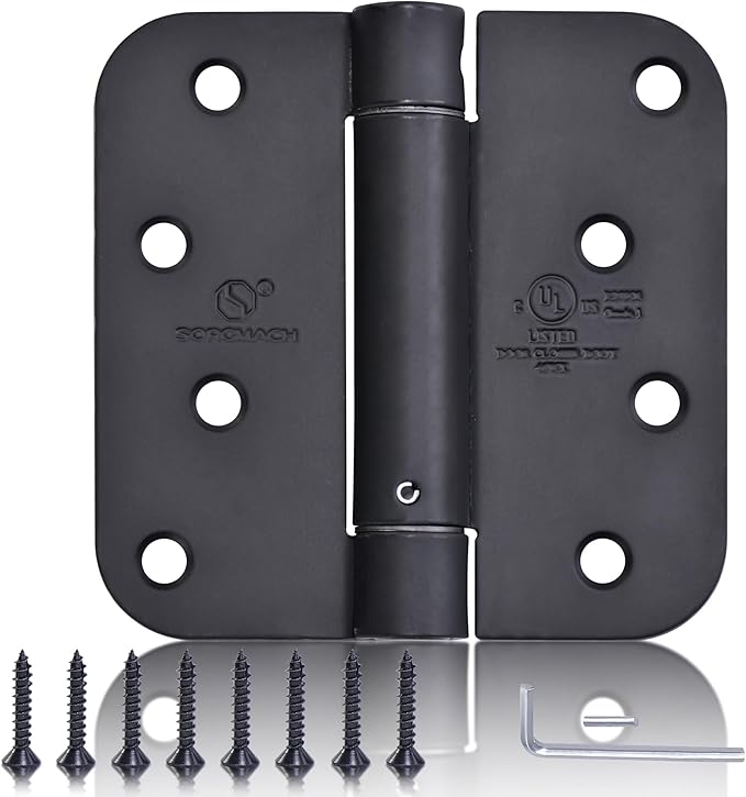 Self Closing Door Hinges 4 inch Matte Black Auto Close Hinge Adjustable 4 x 4 Inch Spring Hinges 5/8" Radius Corner Commercial Auto Door Closer Hinge UL Listed, 6 Pieces