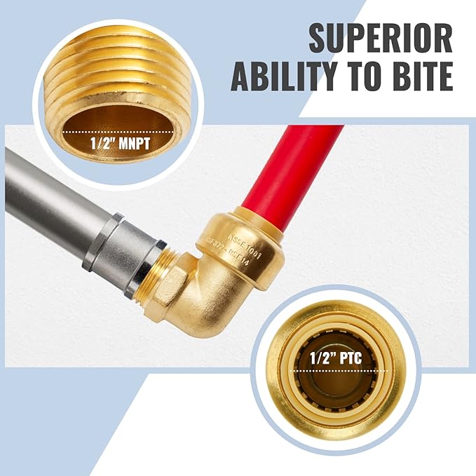 SUNGATOR 1/2 Inch Male Adapter Elbow, 1/2 MNPT Threaded, No Lead Brass Push-to-Connect Plumbing Fittings for PEX Pipe, Copper, CPVC, with 1 Disconnect Clip and 1 Sealing Tape, Pack of 6