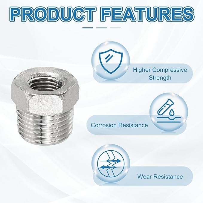 PATIKIL 304 Stainless Steel Reducer Hex Bushing 2 Pcs, 1/2" BSPT Male to 1/4" BSPT Female Pipe Reducing Adapter Fitting Connector for Water Gas Hydraulic Pipes Shower Hose, Silver