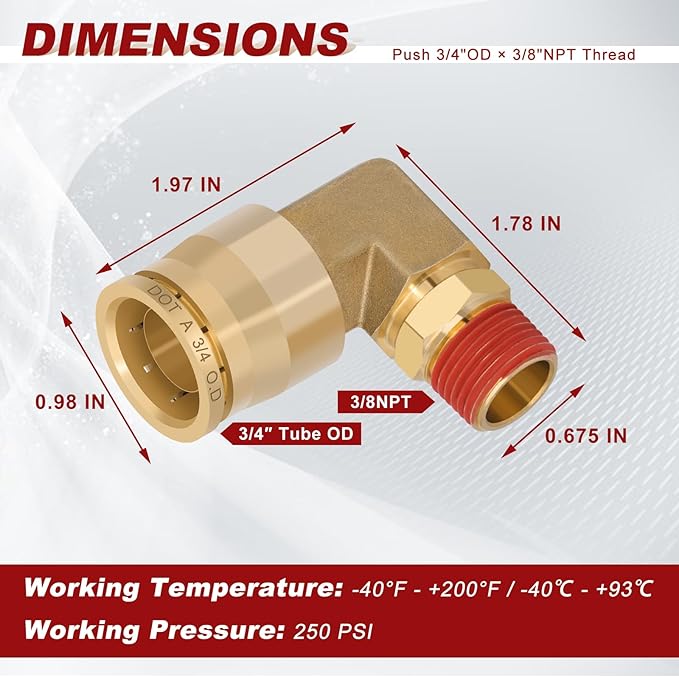 3/4" Quick Push to Connect Fittings Brass 90 Degree Union Swivel Elbow Joint DOT Approved 3/4" Tube OD x 3/8" NPT Thread Air Brake Line Adapter Air Suspension Kit for Car Truck Trailers 5pcs