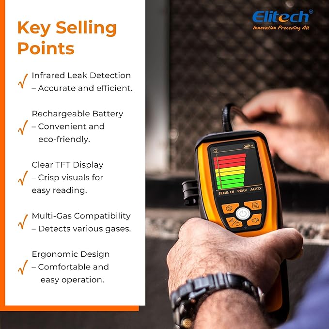 Elitech Infrared Refrigerant Leak Detector ILD-200 max High-Precision HVAC/R Leak Detection, 10-Year Sensor Lifetime, 1g/a Ultra-Low Detection, 4 Sensitivity Levels, TFT Display & Sound Alarm