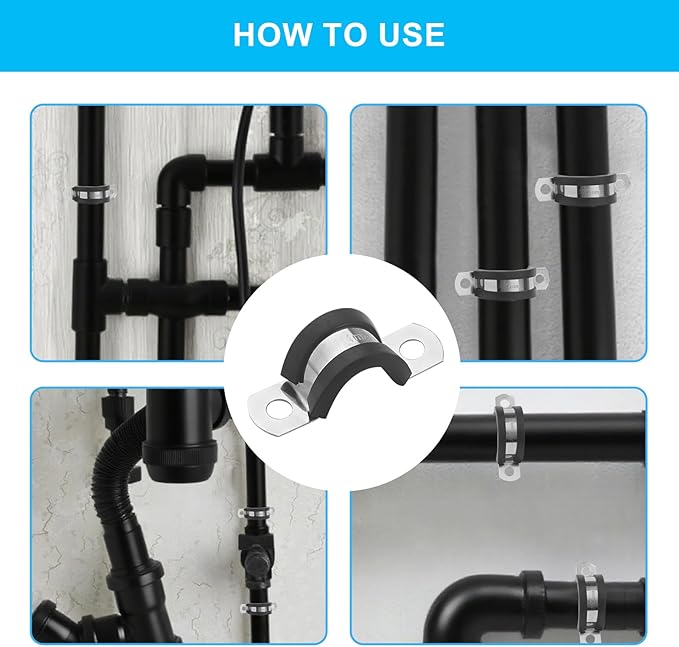 50 Pack 1 Inch Cable Clamps, 26mm Stainless Steel Rubber Coated Cushioned Insulated Cable Clamp, Black Conduit Wire Holder Strap Clips for Tube, Pipe or Wire Cord Installation