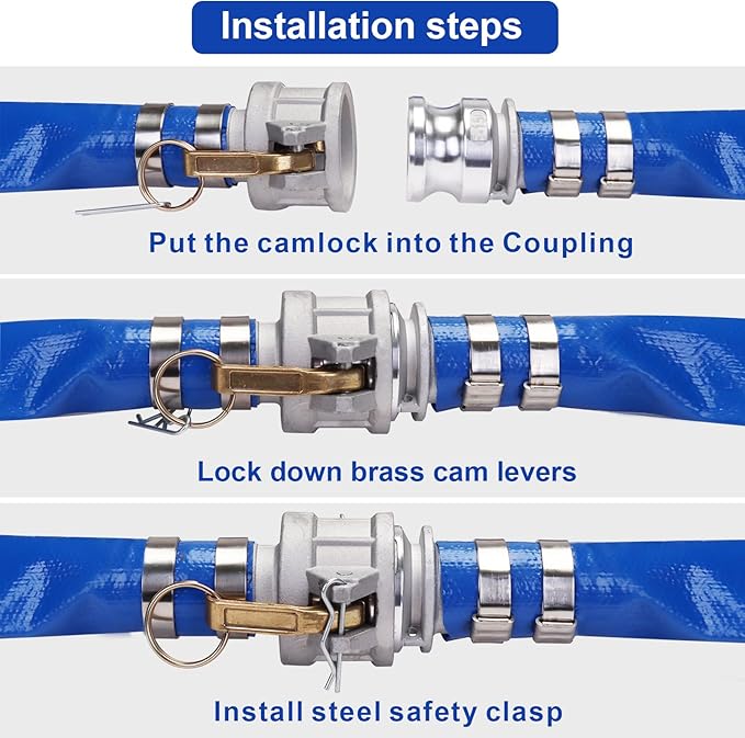 Lay-Flat Pool Backwash Hose - 1.5" x 50Ft with Aluminum Camlock C & E Fittings Reinforced Heavy Duty PVC Discharge Hose Weather-Proof Vinyl Pool Drain Hose for Water Transfer