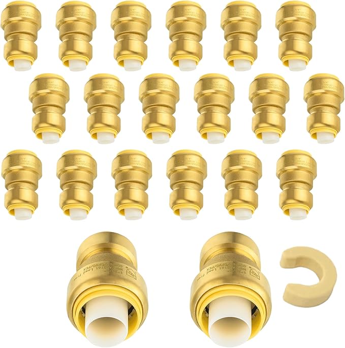 (Pack of 20) Niikappu 1" x 3/4" Reducing Coupling Brass Fittings, Push-to-Connect Plumbing Fitting for Pex, Copper, CPVC, Includes Removal Clip(PF144-20Pack)