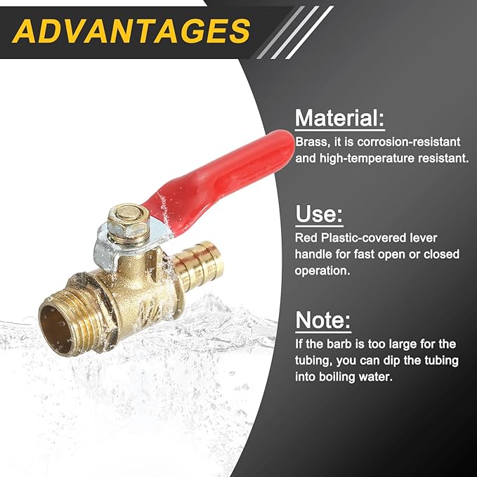 uxcell 2Pcs Brass Water Mini Ball Valve Shut Off Switch, G1/2" Male x 3/8" Hose Barb, 180 Degree Operation Handle, Brass Valve