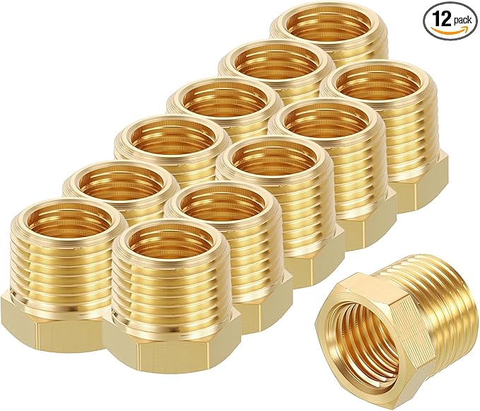12 Pack Male to FeMale Adapters, 3/8" Male NPT x 1/4" FeMale NPT Brass Hex Bushing Reducer for Industrial, Automotive, Fluid Transfer, Home Gardening, Water Treatment
