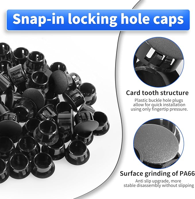 100 Pcs OD 0.614"(15.6mm) Black Hole Knockout Locking Plugs,Plastic Nylon Round Drilling Hole Plugs,Flush Type Panel Round Snap in Fastener,Tube Fastener Cover for Furniture Insert End Caps