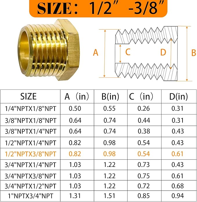 2 Pcs Brass Bushing 1/2" Male to 3/8" Female, 1/2" to 3/8" NPT Adapter Hex Brass Reducing Pipe Adapter Fitting Pipe Hose Tube Adapter Convert