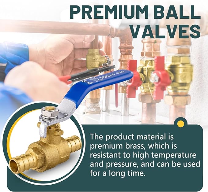 8 Pack Ball Valves, 1/2" Pex Crimp Shut Off Valve Blue, Brass Full Port Pex B Shut Off Ball Valve for Hot and Cold Water, NSF/ANSI 61 Certified