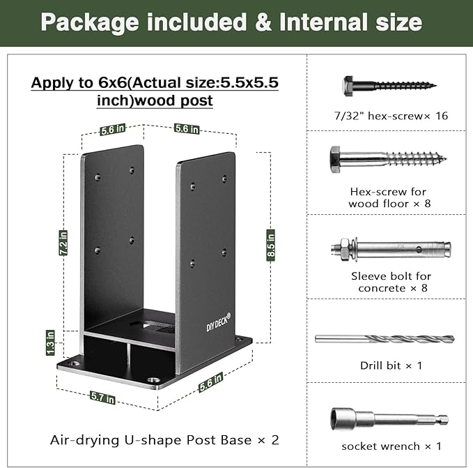 6x6 Post Base (Internal Size 5.6" x 5.6 ") Heavy Duty Stainless Steel Powder-Coated Post Anchor with Air Flow Channel Fence Post Anchor Base for Deck Railing, Pergolas, Fence Pillar, 2Pack