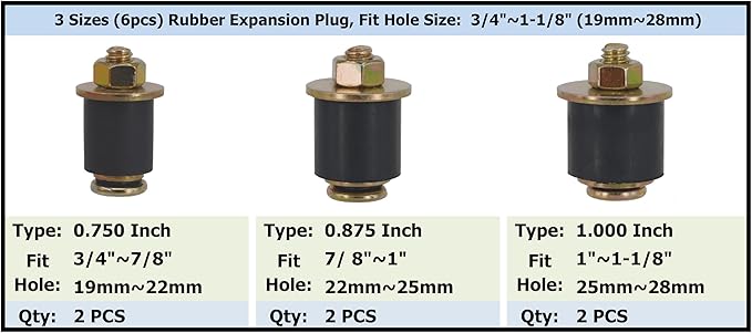 3 Sizes (6pcs) Rubber Expansion Plug, Fit Hole Size: 3/4"~1-1/8" (19mm~28mm) Automotive Rubber Freeze Plug