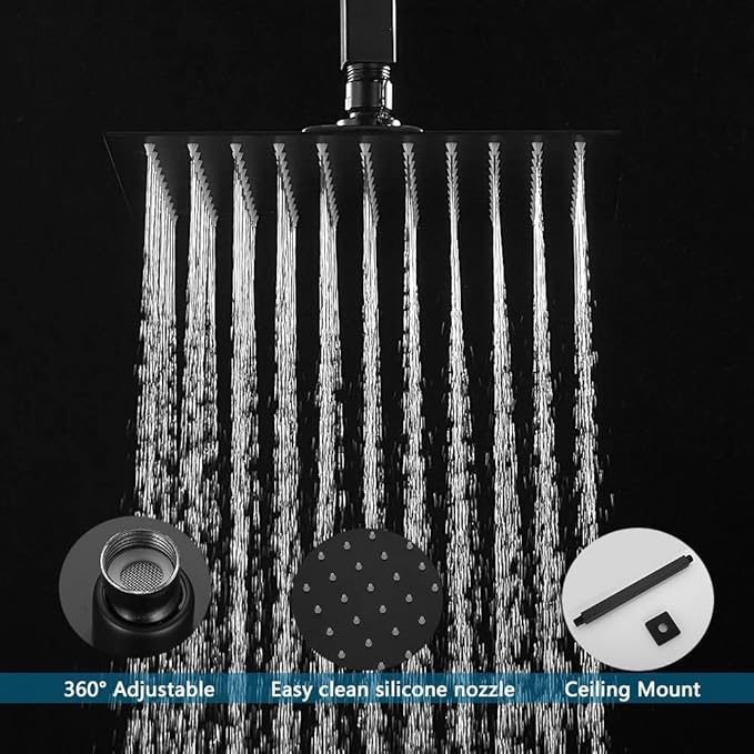 10 Inch Ceiling Mounted Shower System Rain Mixer Shower Combo Set Rainfall Shower Head System Matte Black Shower Faucet Rough-in Valve Body and Trim Kit Included