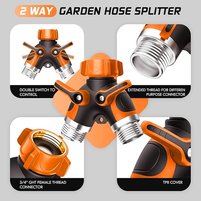 2 Way Garden Hose Splitter with Shut Off Valve,Water Spigot Splitter for 3/4" Hose Connector,Heavy Duty Metal Outdoor Faucet Splitter Y Connector with 3 Leakproof Washers & 1 tape-Orange