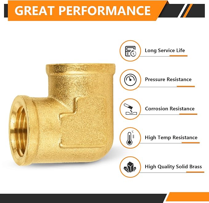 5-PCs HeSun Brass Pipe Fitting, 1/2" x 1/2" NPT Female 90-Degree Barstock Street Elbow