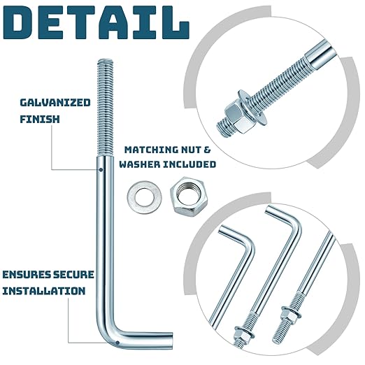 10 Pcs J Bolt Galvanized Anchor Bolts Galvanized Concrete Fastener Concrete Cement Post Anchor with Nuts and Washers for Foundation Wall Hardware Brick Projects, Gray(3/4-10 x 12)