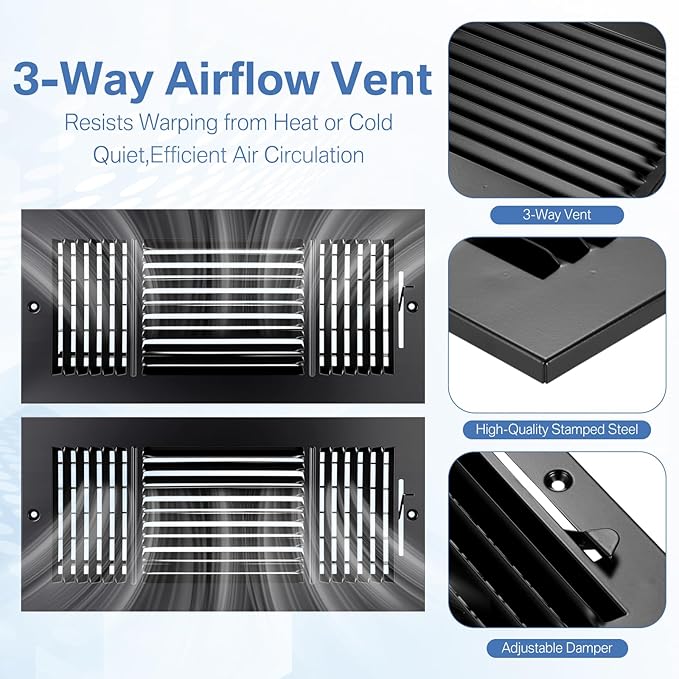 2 Pcs Black 14 x 6 Inch Three-Way Ventilation Register Air Ceiling Vent Cover Floor Register Metal Heat Vent Covers with Rust Proof for Wall Ceiling Home Bathroom Toilet or Office