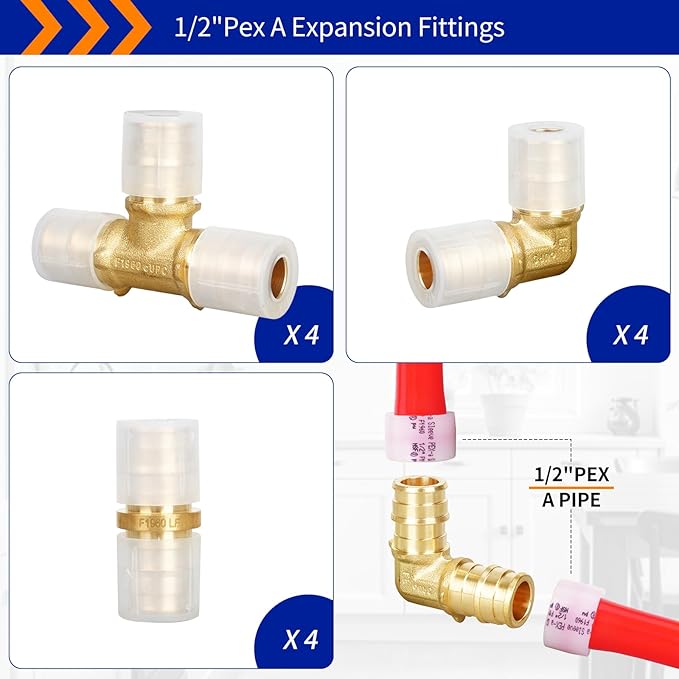 (Znkiok® 12Pack Set) Pex-A Combo Fittings Set, 4 Each 1/2"Elbow Tee Coupling Heavy Duty Brass Expansion PEX-A Fittings, NSF/ANSI 61, ASTM F1960 Certified,Long Service Life,Lead-Free Brass.