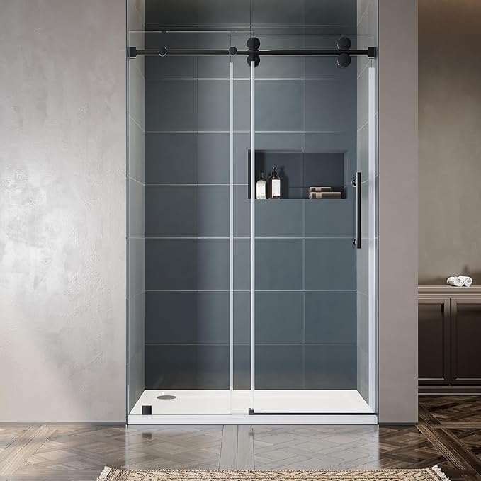 50-55 Inch x 76 Inch Sliding Frameless Shower Door, 3/8" Tempered Glass with Easy-Cleaning Coating, Stainless Steel Rollers & SGCC-Certified Stability, Matte Black