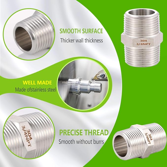 2PCS Hex Nipple 3/4" x 3/4" Male Pipe Fittings, 304 Stainless Steel 3/4 inch NPT Threaded Pipe Adapter Fittings, Male Straight Connector Pipe Fitting