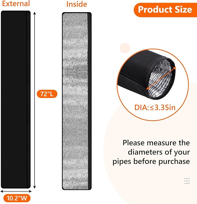 3 Layers HVAC Copper Pipe Insulation Cover,72"x10.2" Weatherproof 600D Oxford AC Pipe for Outside,Black Flexible Copper Line Insulation Sleeve for Central Air Conditioning Mini Splits
