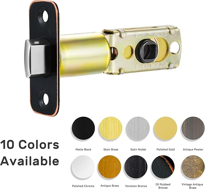 Oil Rubbed Bronze Adjustable Door Latch 60 or 70mm, 45° Turning Angle, Door Lock Replacement Parts with Door Strike Plate, Wood Dowel, Dust-Boxes
