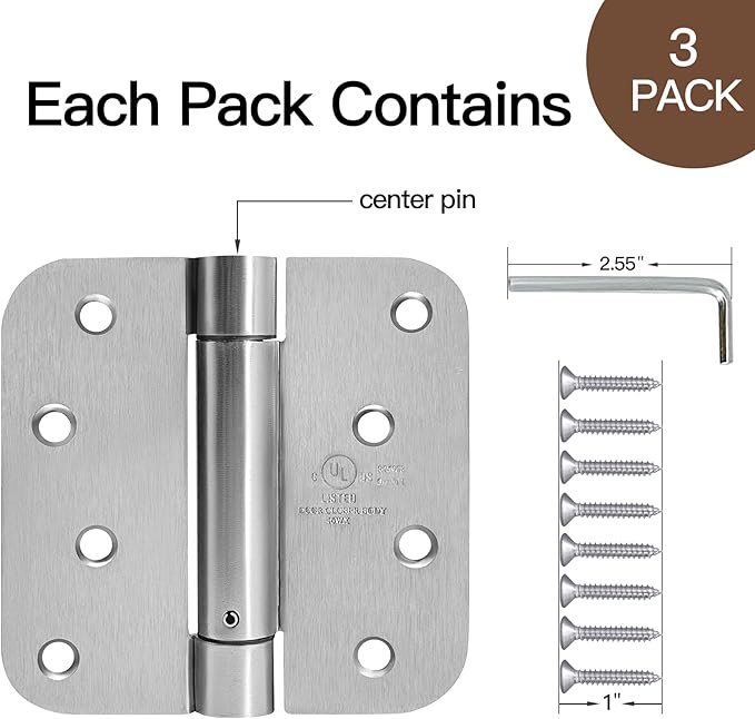 4 Inch Self Closing Satin Nickel Door Hinge 5/8" Radius Corner 3pack, Adjustable Tension for Garage, Front Door, Back Door, Left and Right Hand Door, UL Listed