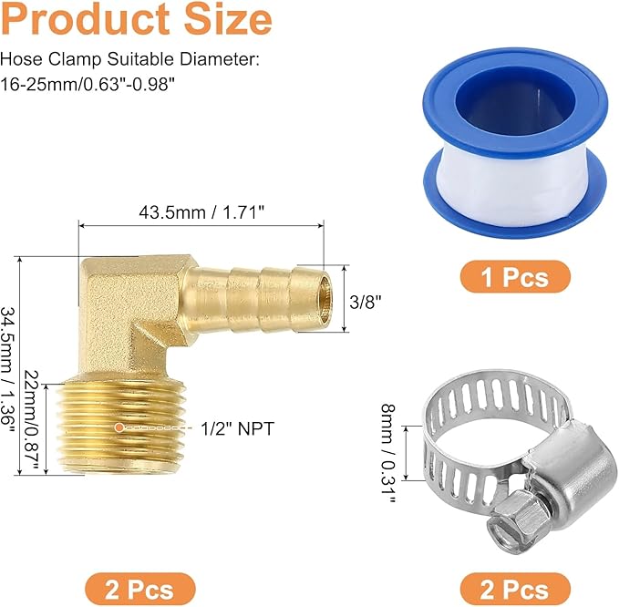 uxcell 2Pcs Brass Hose Barb Fittings, 3/8" x 1/2" NPT 90 Degree Elbow Hose Connectors with Hose Clamps for Water Fuel Gas Oil Transportation