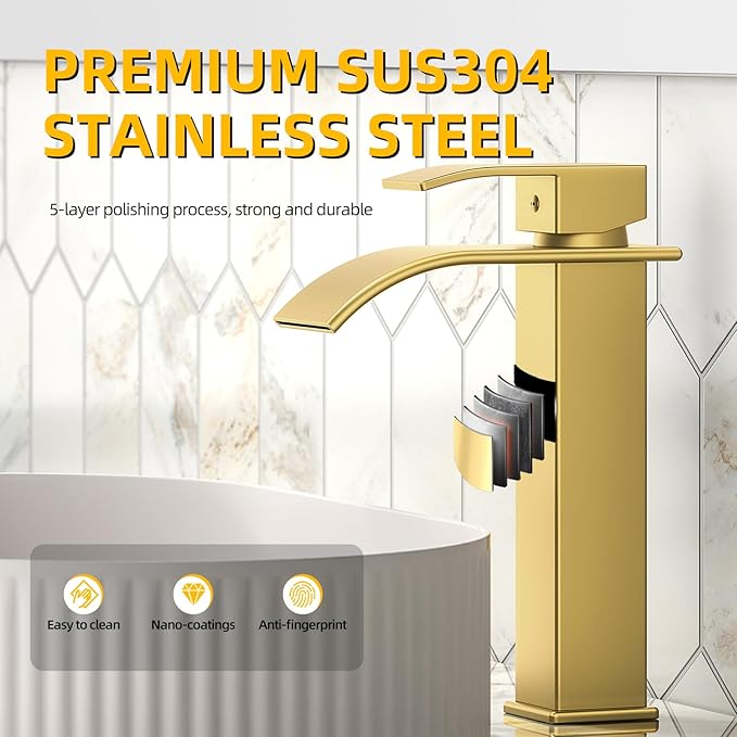 Rywuanku Tall Brushed Gold Bathroom Faucet Waterfall Spout, Single Handle Sink Faucet with Pop-up Drain & Deck Plate, Modern 1 Hole Vanity Faucet for Vessel Sink