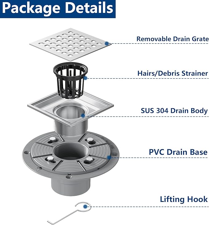Neodrain Square Shower Drain,4 inch Stainless Steel 304 Grate and PVC Drain Body, Grate with Brushed Nickel Finish, Kit Includes Hair Trap/Strainer,Lifting Hook and PVC Drain Base