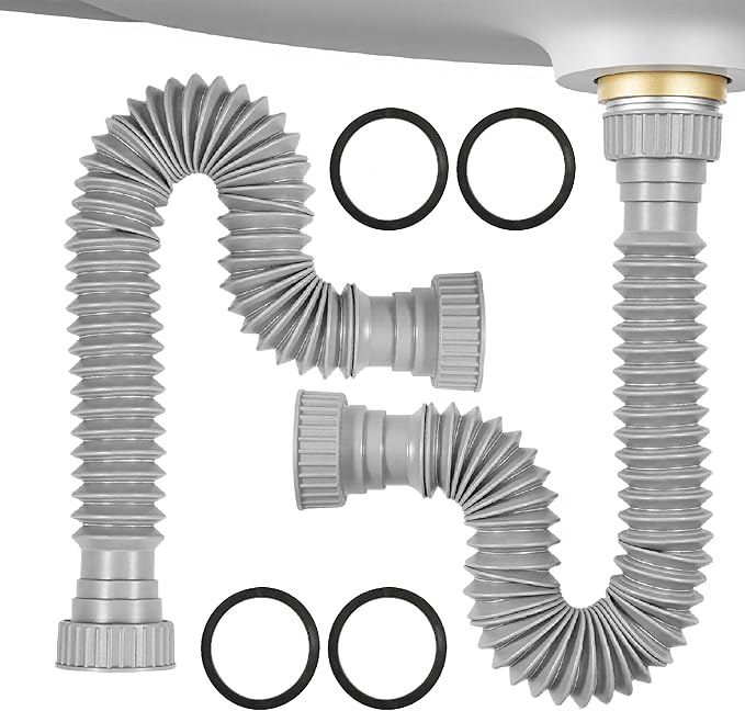 Sink Drain Pipe Kit, 2 Pack Flexible Drain Pipe P Trap, 8.46"-20.67" Flexible P Trap, Under Sink Plumbing for Bathroom and Kitchen, 1-1/4" Adapter Included