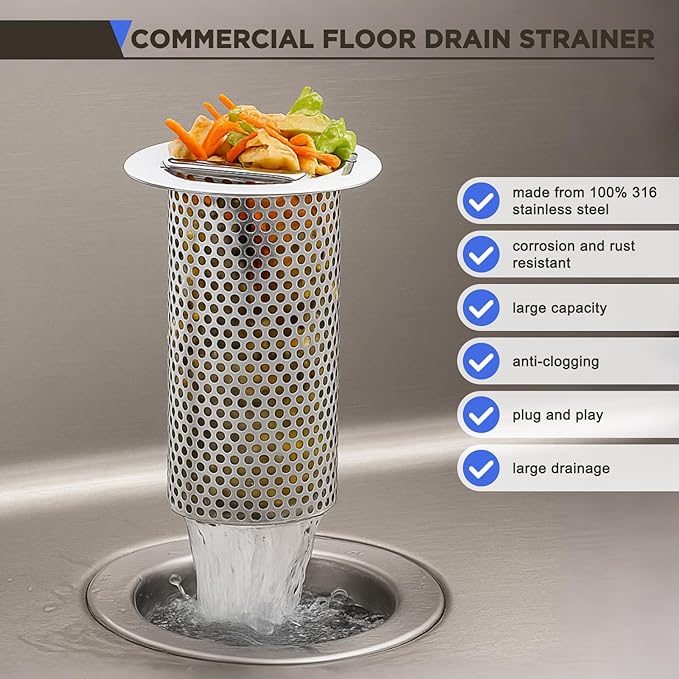 3" Diameter Commercial Floor Drain Strainer 6" Tall Perforated Cylindrical Mesh 316 Stainless Steel Drain Basket with Carry Handle –heavy-duty, for Restaurants, Kitchens, Factories