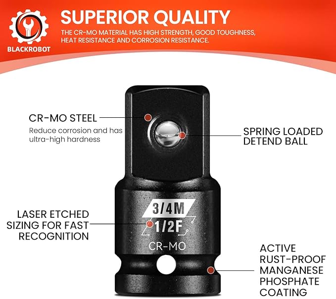 BLACKROBOT 2 Pieces 1/2” F To 3/4” M Impact Socket Adapter Set, SAE Drive Cr-Mo Steel Exceeds ANSI Standards, Square Drive Socket Reducer for Impact Driver Wrench