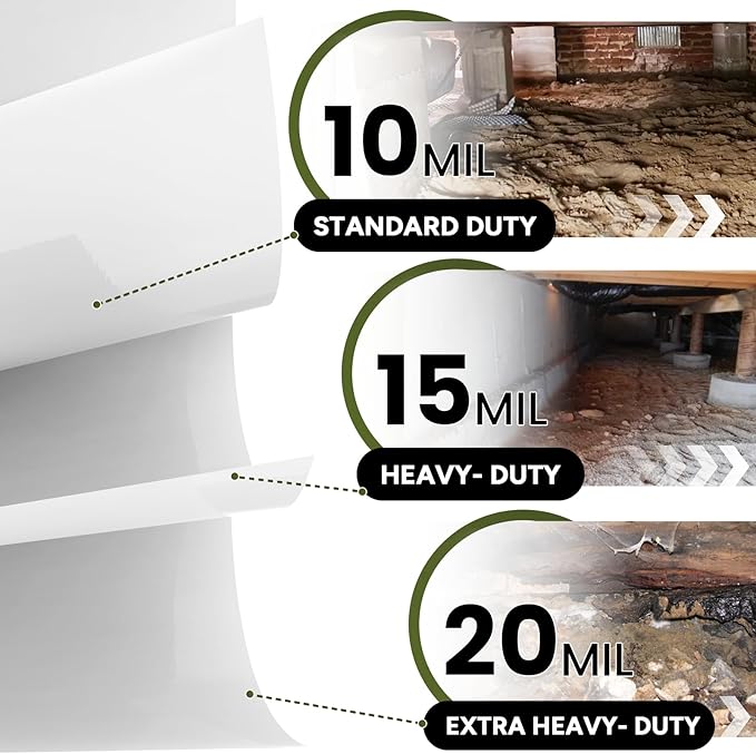 White Crawl Space Vapor Barrier, 12 Mil Vapor Barrier, 10' x 100', Heavy Duty Polyethylene Film, Thick Plastic Sheeting, Plastic Drop Cloth Covering for Crawlspace, Basement, White