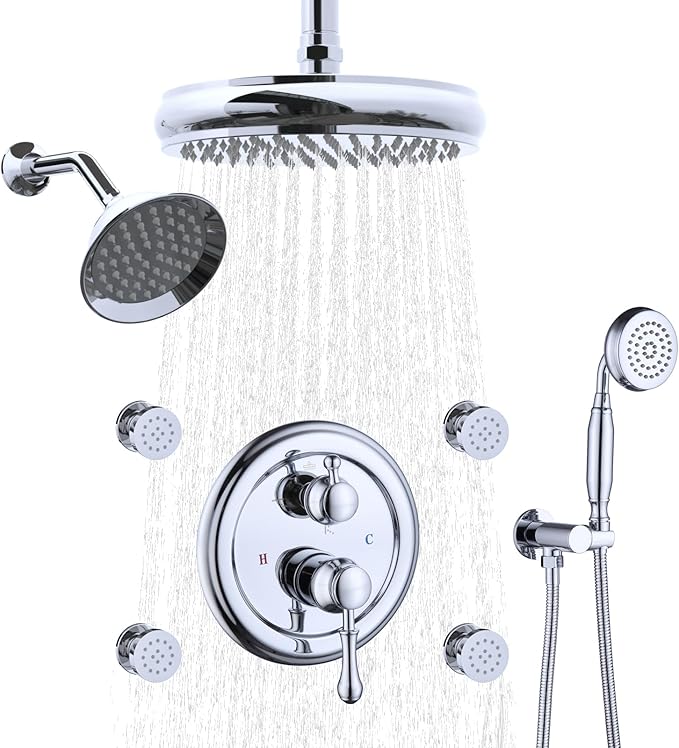 Enga Antique Shower Faucet Sets Dual Heads with 4 Body Jets, 8" + 6" Ceiling & Wall Mount Vintage Shower Head with Handheld Spray Combo, 4 Way Diverter Brass Valve, Chrome