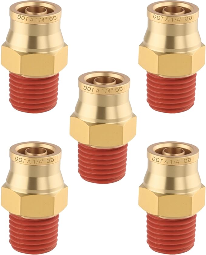 5PCS Quick Push to Connect Fittings, Brass Union Straight DOT Approved 1/4" Tube OD x 3/8" NPT Thread Air Line Adapter for Truck Trailers and Air Brake System