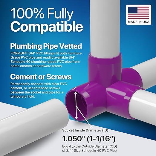 FORMUFIT 3/4” 4-Way Tee Furniture Grade PVC Fitting in Purple, Made in USA, UV-Resistant, Impact-Proof, 1.050” Actual Socket Diameter (Pack of 8) - F0344WT-PU-8