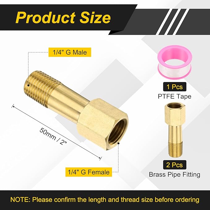 PATIKIL 1/4" g Male x 1/4" g Female Brass Pipe Fitting, Nipple Brass Fitting Extension Pipe Fittings Adapter Connection with Tape 2 Inch / 50mm Length