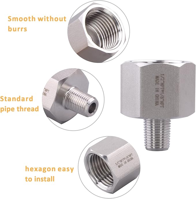 Forged Reducer Adapter Fitting - Stainless Steel 304 Reducing Pipe Connector, 1/2" NPT Female x 1/8" NPT Male (pack of 2)